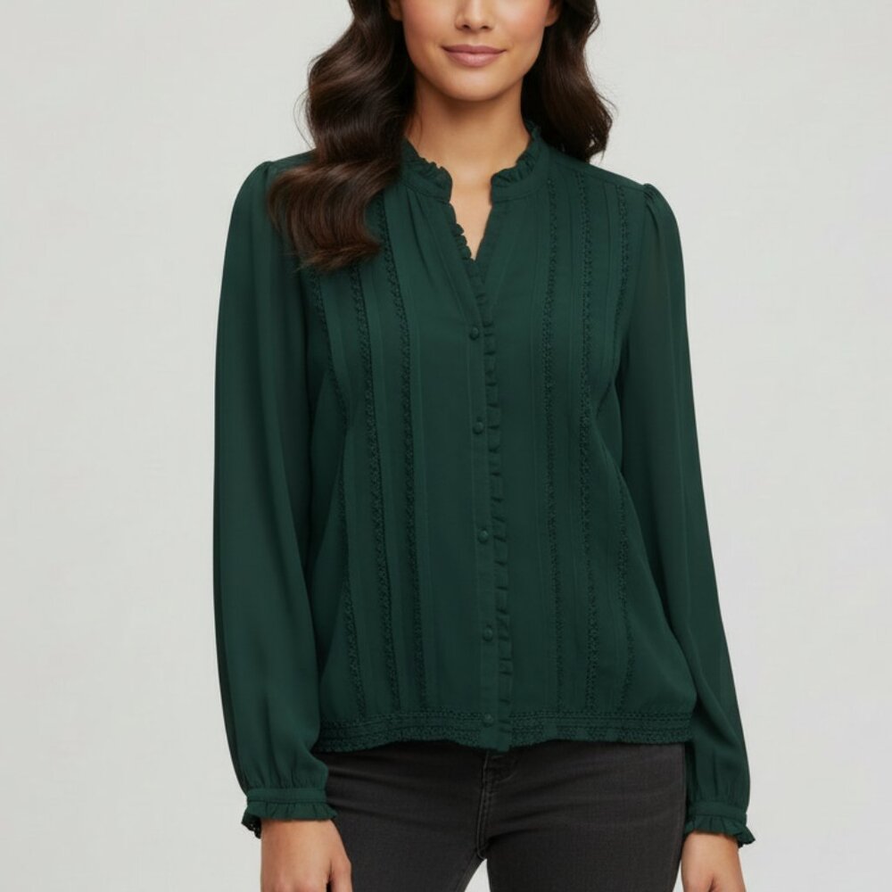 Adrianna Papell Emerald Green Lace-Trim Pintuck Blouse